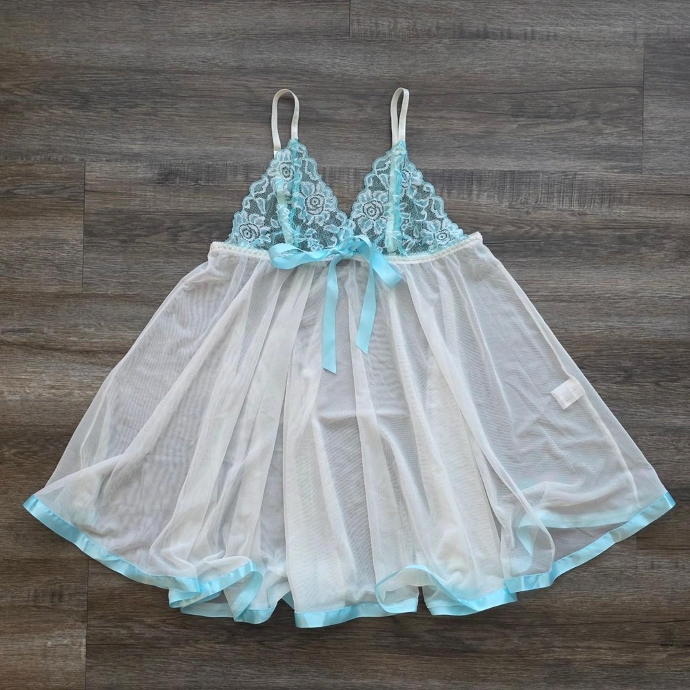 Avidlove White Mesh Light Blue Lace Babydoll Lingerie Nightgown Circle Skirt L